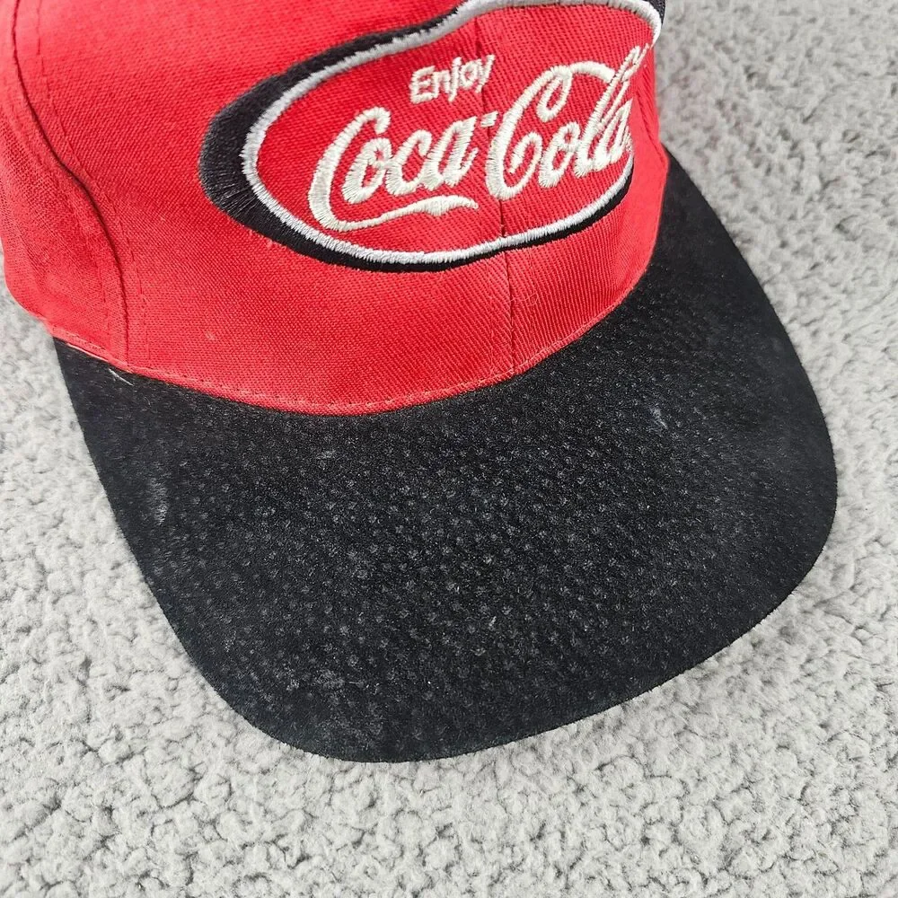 Vintage Coca Cola Hat Red Black Snapback Suede Bill Y2K 90s Embroidered Logo